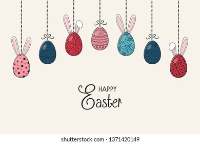 Banner with hanging Easter eggs with funny bunny ears and wishes. Vector