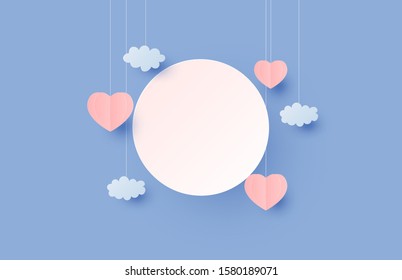 Banner with hanging heart shape and clouds in paper cut style. Digital craft paper art Valentine's day concept.