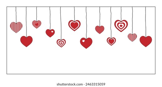 Banner with hanging hearts. Free space for text. Template for invitations, greetings, social media posts and advertising.