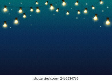 Anuncio con decoración de bombillas colgantes y sutil patrón árabe. Guirnalda de las fiestas musulmanas, marco festivo. Antecedentes de la celebración de Eid, Ramadán o Al-Adha. Vector.