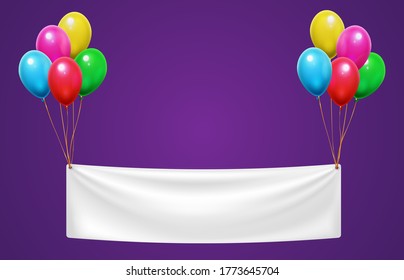 Banner hanging on colorful balloons for happy birthday party. Event celebration invitation or greeting card. White cloth with place for text with balloons, entertainment vector illustration