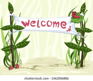 Banner hanging on twigs in the grass with a caterpillar on a leaf