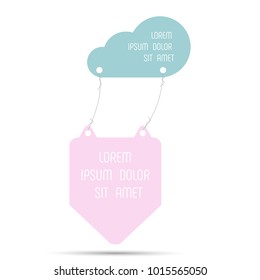 Banner hanging from a soaring cloud on a white background. Flat format. Pastel colors are gentle.