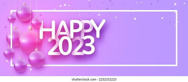 Banner with happy 2023 sign and realistic hanging purple christmas baubles. Space for text.
