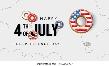 Banner of happy 4th july usa independence day on white background. Donut balloons with the American flag and a girl flying on a balloon