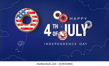 Banner of happy 4th july usa independence day on blue background. Donut balloons with the American flag and a girl flying on a balloon