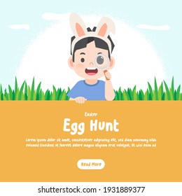 Banner Happy asian boy wearing rabbit ears searching easter egg with magnifying glass on grass and sky background and nature, Easter egg, illustration vector, kids concept