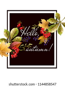 Banner of Happy autumn with yellow leaves, fruits, berries and vegetables. Vector illustration.