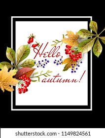Banner of Happy autumn with yellow leaves, fruits, berries