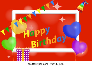 Banner happy birthday. Greeting card with a birthday party with balloons, a party cap and ribbons. Flat design, vector illustration, vector.