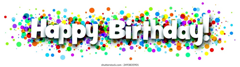 Banner with Happy birthday sign on colorful round confetti background. Vector illustration.