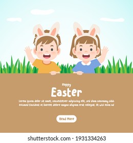 Banner Happy boy and girl wearing rabbit ears greeting with grass and sky background and nature, Easter egg, illustration vector, kids concept