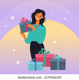 Banner of a happy business woman holding a gift box. Smiling girl received parcels and gifts. Big sale, holiday celebration, event. Vector illustration in flat cartoon style. Copy space.