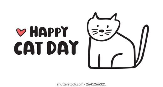 Banner. Happy cat day. Outline vector design on white background.