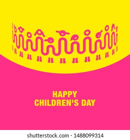 Banner for Happy Children's Day. Children holding hands. One line art of simple children's silhouette.