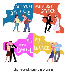 Banner happy different people dancing. All must dance dancing-party or studio for elderly, size plus and disabled poster. Flat Art Vector illustration