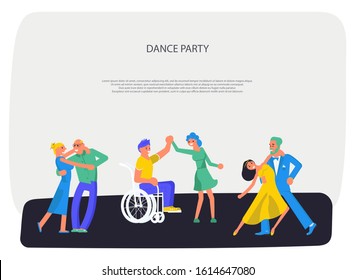 Banner happy different people dancing. Dancing-party or studio for elderly, size plus and disabled poster. Flat Art Vector illustration