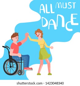 Banner Happy Disabled People Dancing. All Must Dance Dancing-party Or Studio Poster. Flat Art Vector Illustration