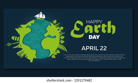 Banner Happy Earth Day with elements of sights of different countries with a globe on a dark background. Celebration template design. Vector illustration for greeting cards, posters, banners.
