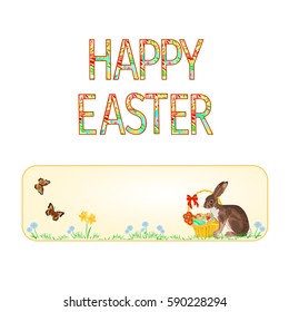 Banner Happy easter Bunny and basket with Easter eggs and butterfly vintage vector illustration