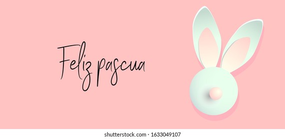 Banner for Happy Easter. Bunny rabbit on a delicate pink background. Translation from Spanish: Happy Easter.