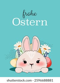 Banner for Happy Easter with cute happy bunny looking from the hole surrounded by eggs, camomile, leaves. German text meaning happy Easter
