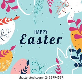 Banner for Happy Easter Day. Eggs, bunny, plants. Flat style. Vector stock illustration. Isolated. Trendy minimalistic design with typography. Template. Greeting card. Frame. Patterned style. Plants
