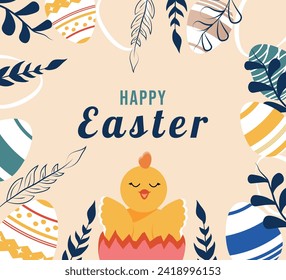 Cartel de Feliz Día de Pascua. Huevos de Pascua, polluelos con un estilo dibujado a mano con orejas de conejo. Plantas. Estilo plano.Diseño moderno de moda con texto. Plantilla. Estilo con patrones. Plantas. Accionamiento y línea. Animales