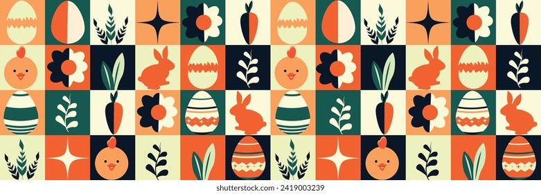 Banner for Happy Easter Day. Rabbit, chicken, egg, flower. Geometric shape pattern. Template. Modern minimalist design in Bauhaus style. Figure. Vector. Abstract poster. Layout. Spring and April. Flat