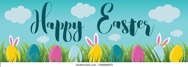 banner Happy Easter, with eggs, bunny ears and sprouted grass