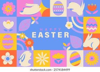 Banner for Happy Easter with elements and symbols of holiday, decorated eggs, flowers,rabbits and text greeting. Trendy cute template for web, social media ads, branding, congrats, invitations. Vector