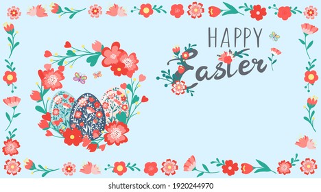 Banner Happy Easter holiday. Decorative hand drawn cute wreath, eggs with flowers, leaves, butterfly, text. Spring floral colorful collection. Abstract vector illustration for greeting card invitation