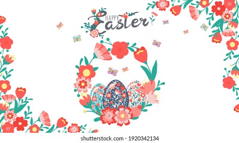 Banner Happy Easter holiday. Decorative hand drawn cute wreath, eggs with flowers, leaves, butterfly, text. Spring floral colorful collection. Easter vector illustration for greeting card invitation