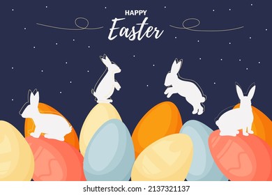 Banner Happy Easter. Modern vector holiday design with typography. Easter Bunny. Painted eggs. Modern minimalist style.