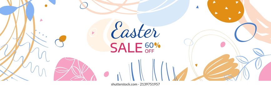 Banner "Happy Easter" sale. Modern Easter design with a nest, eggs, flowers, branches. Horizontal poster, greeting card, website title.