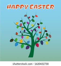 banner of happy easter easter tree on which painted colorful easter eggs hang instead of leaves