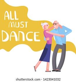 Banner happy elderly people dancing. All must dance dancing-party or studio poster. Flat Art Vector illustration