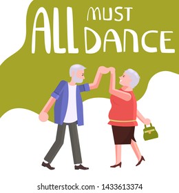Banner happy elderly people dancing. All must dance dancing-party or studio poster. Flat Art Vector illustration
