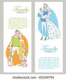 Banner happy family portrait. Father, mother and daughter. A woman in a long dress hugging a man with a child on the hand. Gentle and loving family.