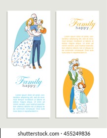 Banner happy family portrait. Father, mother and daughter. A woman in a long dress hugging a man with a child on the hand. Gentle and loving family.
