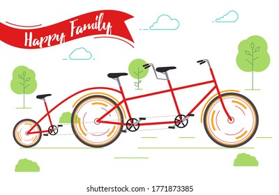 Banner happy family. Red bicycle. Bike rides in the Park. Vector illustration in modern flat style. 