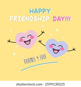 Banner "Happy Friendship Day". Funny smiling hearts. Friends forever. Happy Friendship Day greeting card, happy Friendship Day. Vector illustration