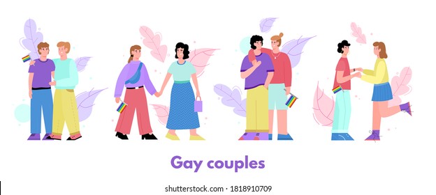 Banner with happy gay couples of homosexual and lesbian characters, flat vector illustration isolated on white background. LGBT community couple relationships.