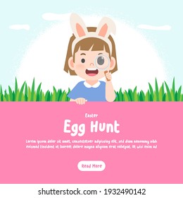 Banner Happy girl wearing rabbit ears searching easter egg with magnifying glass on grass and sky background and nature, Easter egg, illustration vector, kids concept