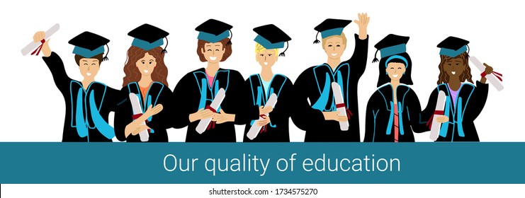 Banner with happy graduate university students with diploma. 7 multinational persons in graduate caps. Ceremony in campus, college celebrate friends: 4 women and 3 men. Hand drawn illustration