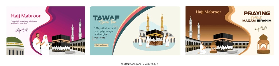 Banner for Happy Hajj. Pilgrims in ihram clothes walk around the Kaaba seven times. A Muslim praying at the Kaaba in Mecca. Islamic Hajj concept. Set flat vector illustration.
