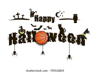 Banner happy halloween and basketball ball on isolated background. Vector illustration