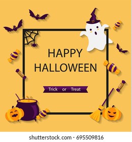 Banner happy halloween frame with flat ghost bat spider candy pumpkin long shadow style on orange background,can edit text for party or sale.