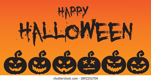 Banner: Happy Halloween. Orange background, black pumpkins. Can be used as a poster or greeting card.