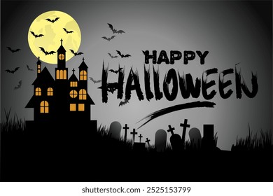 Banner happy halloween. Spooky house white and black Silhouette graveyard background